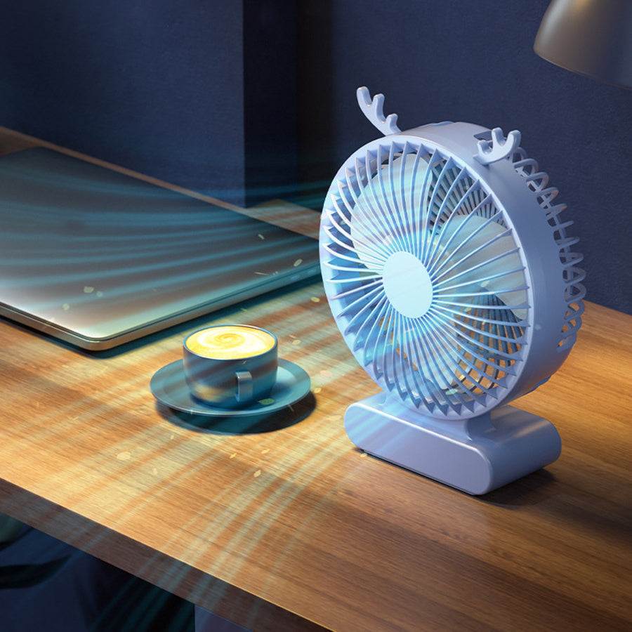 Deer-Inspired USB Desktop Fan Blue Green Portable Quiet Rechargeable Battery