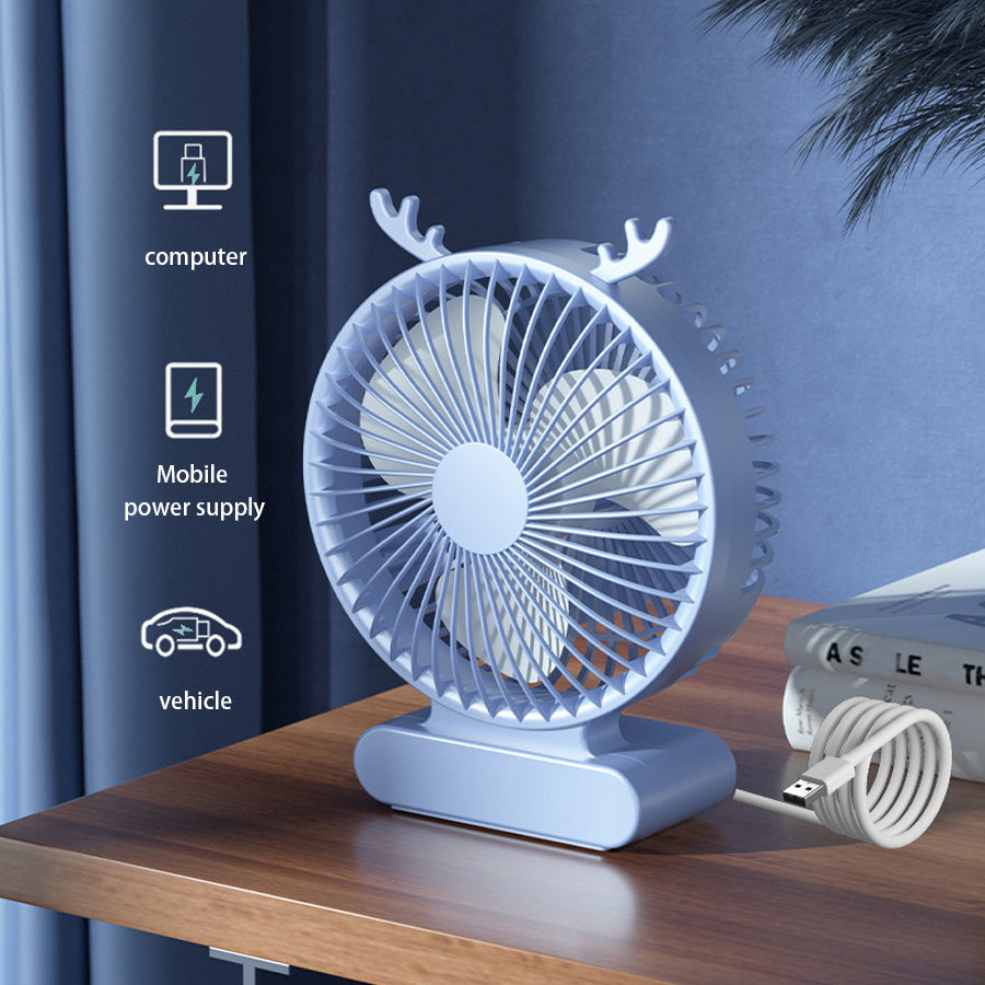 Deer-Inspired USB Desktop Fan Blue Green Portable Quiet Rechargeable Battery