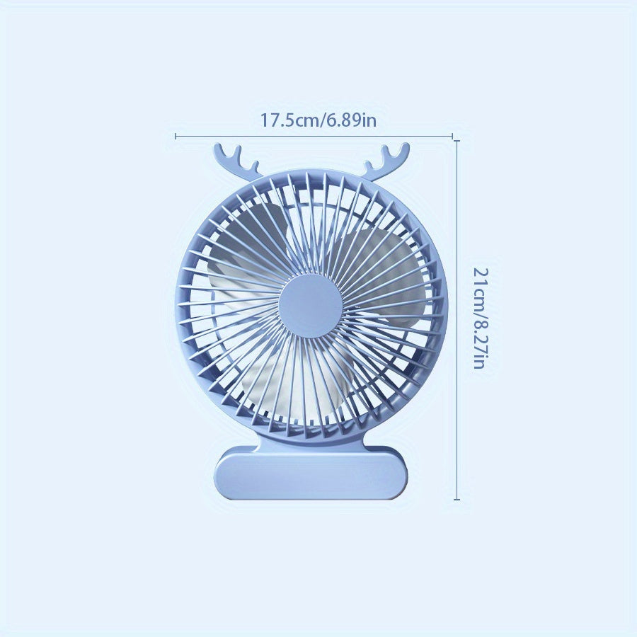 Deer-Inspired USB Desktop Fan Blue Green Portable Quiet Rechargeable Battery