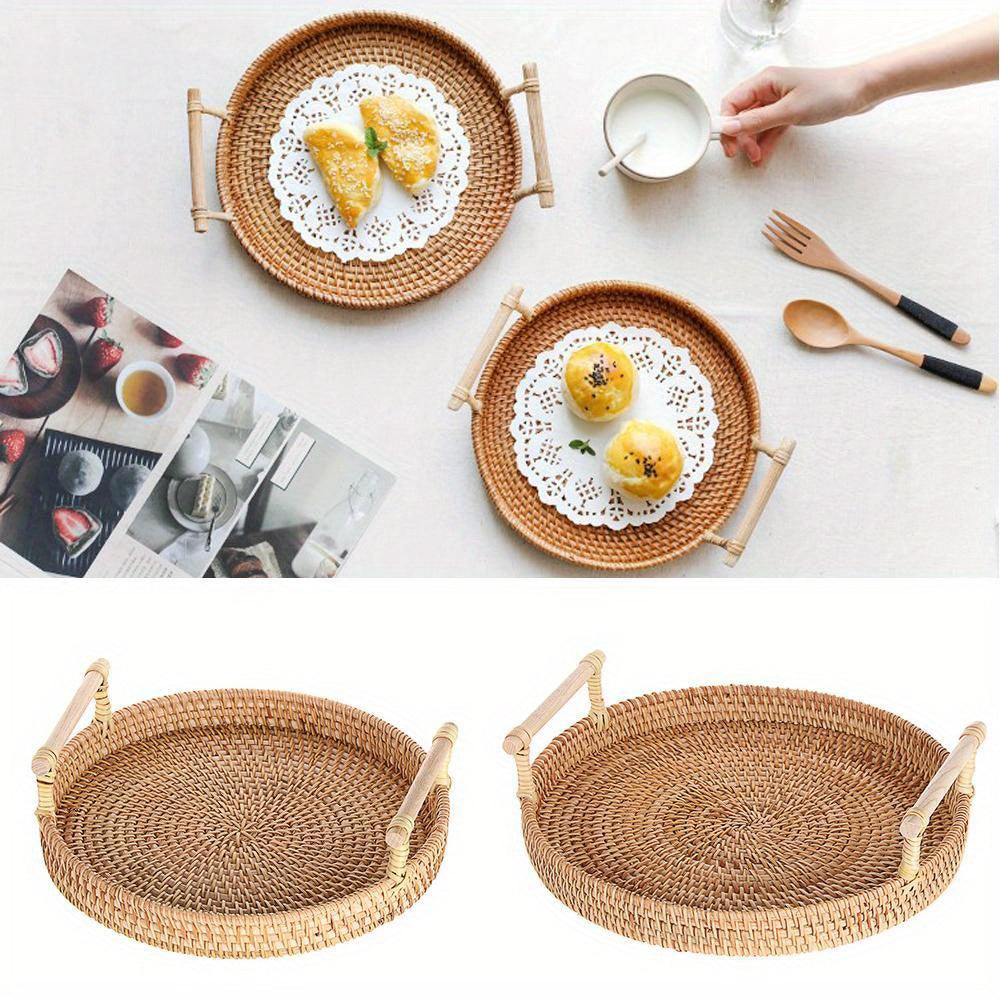 Bandeja de servicio de bambú con asas, hecha a mano, para cocina y comedor