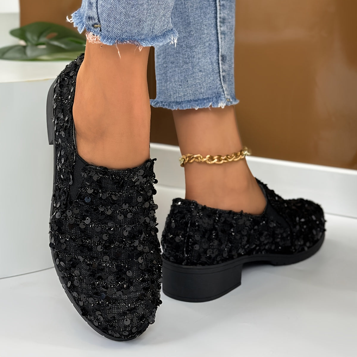 Women's Sequin Nurse Loafers Black Fabric Slip-On Flats with Bow