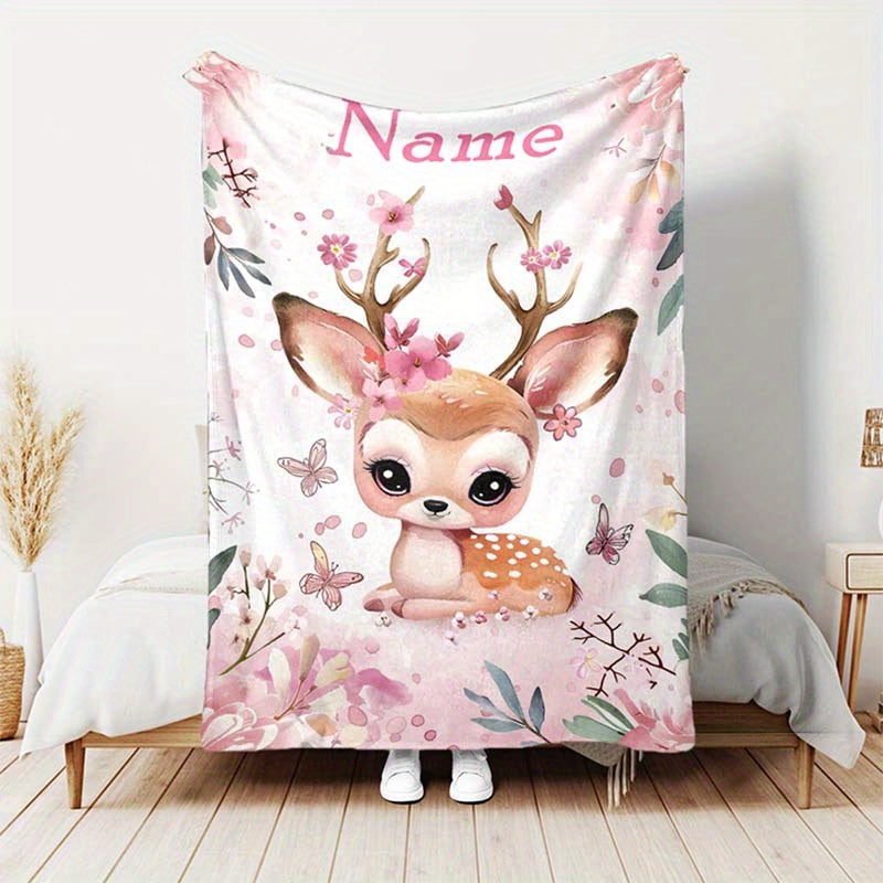 Manta personalizable de ciervo y flores, suave y acogedora para relajarse al aire libre y viajar