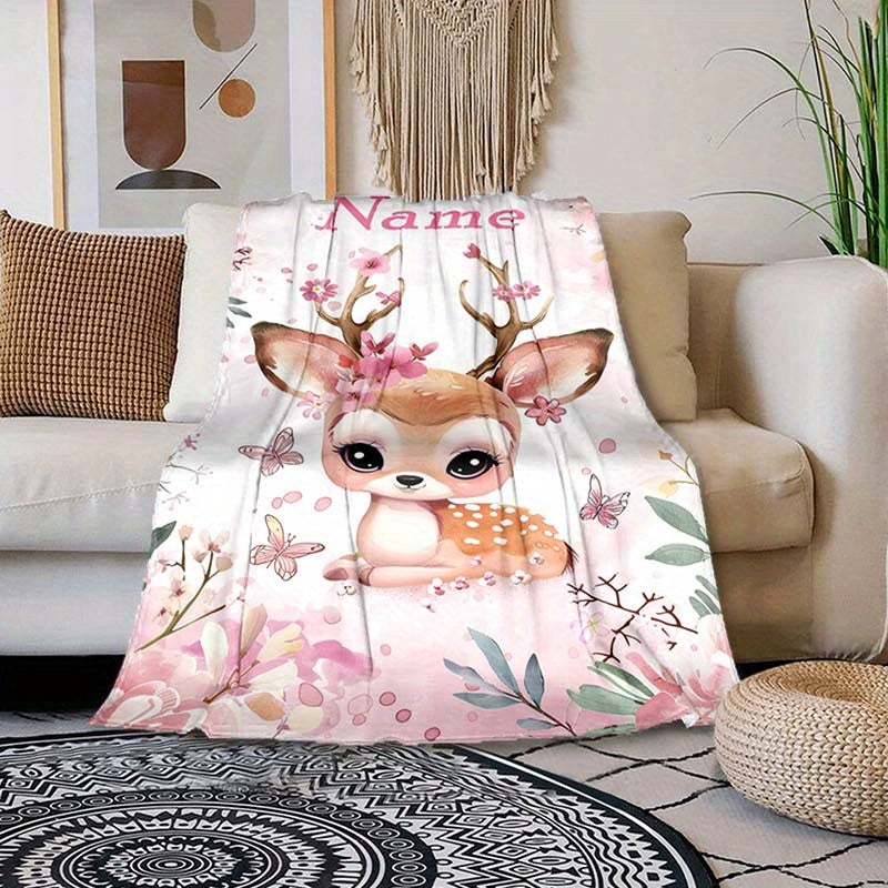 Manta personalizable de ciervo y flores, suave y acogedora para relajarse al aire libre y viajar