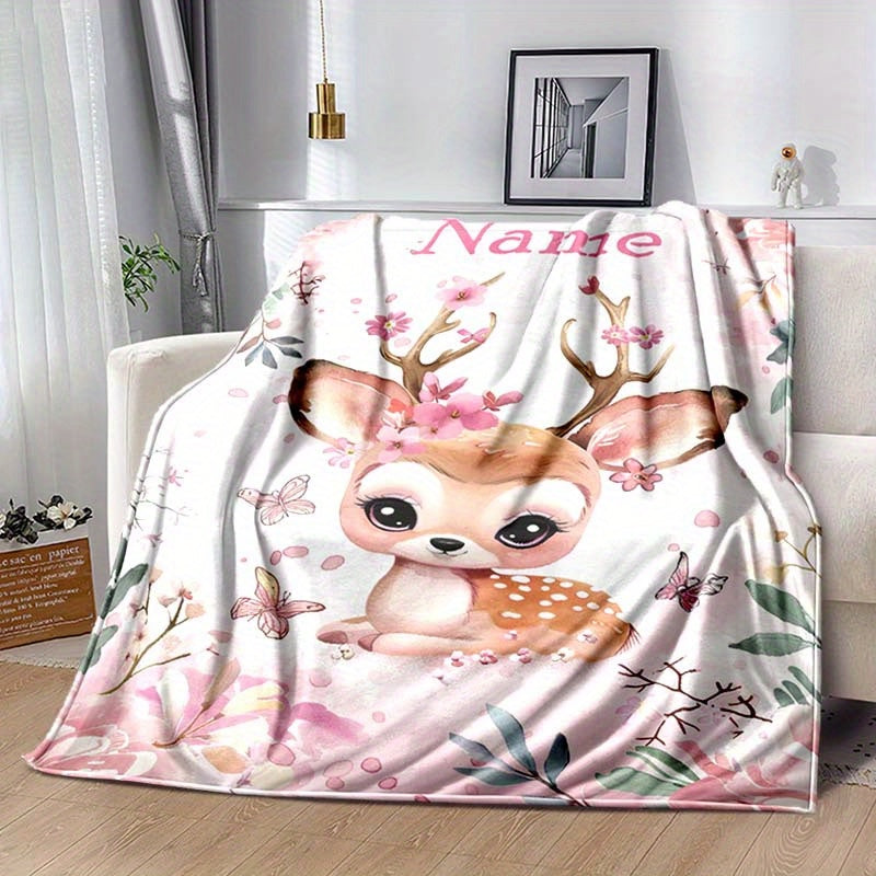 Manta personalizable de ciervo y flores, suave y acogedora para relajarse al aire libre y viajar