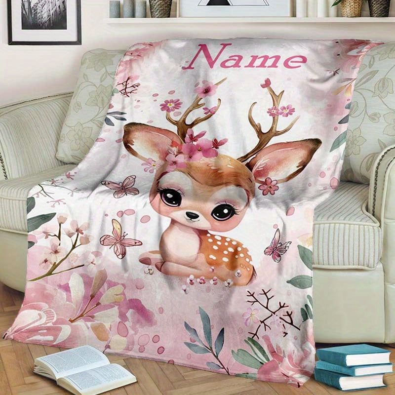 Manta personalizable de ciervo y flores, suave y acogedora para relajarse al aire libre y viajar