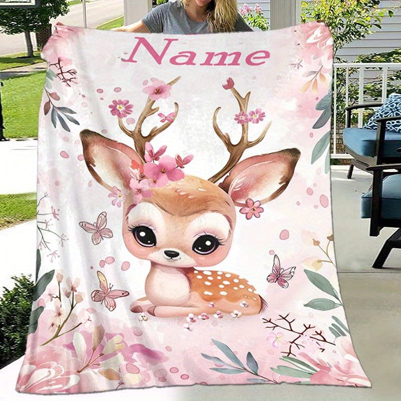 Manta personalizable de ciervo y flores, suave y acogedora para relajarse al aire libre y viajar