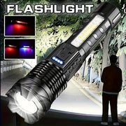 Portable Camping Flashlight USB Rechargeable LED Handheld Torch with Red-Blue Warning Light
