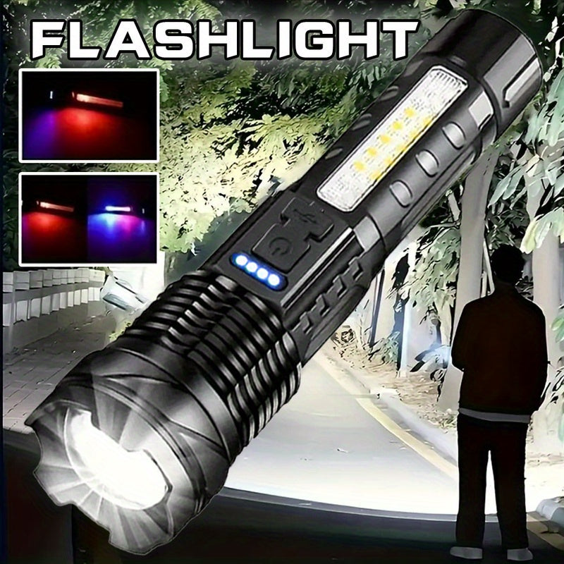 Portable Camping Flashlight USB Rechargeable LED Handheld Torch with Red-Blue Warning Light