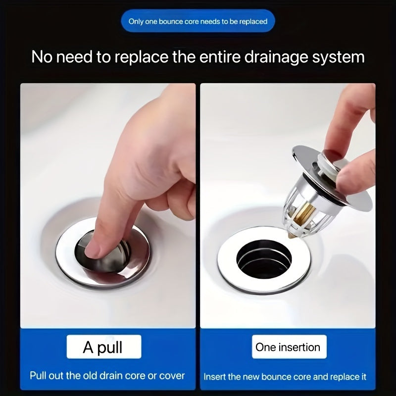 Pop-Up cho'kmasi, anti-hid xususiyati, soch tutgich va yuvish idishi va hammom uchun mustahkam plastik yadro bilan.