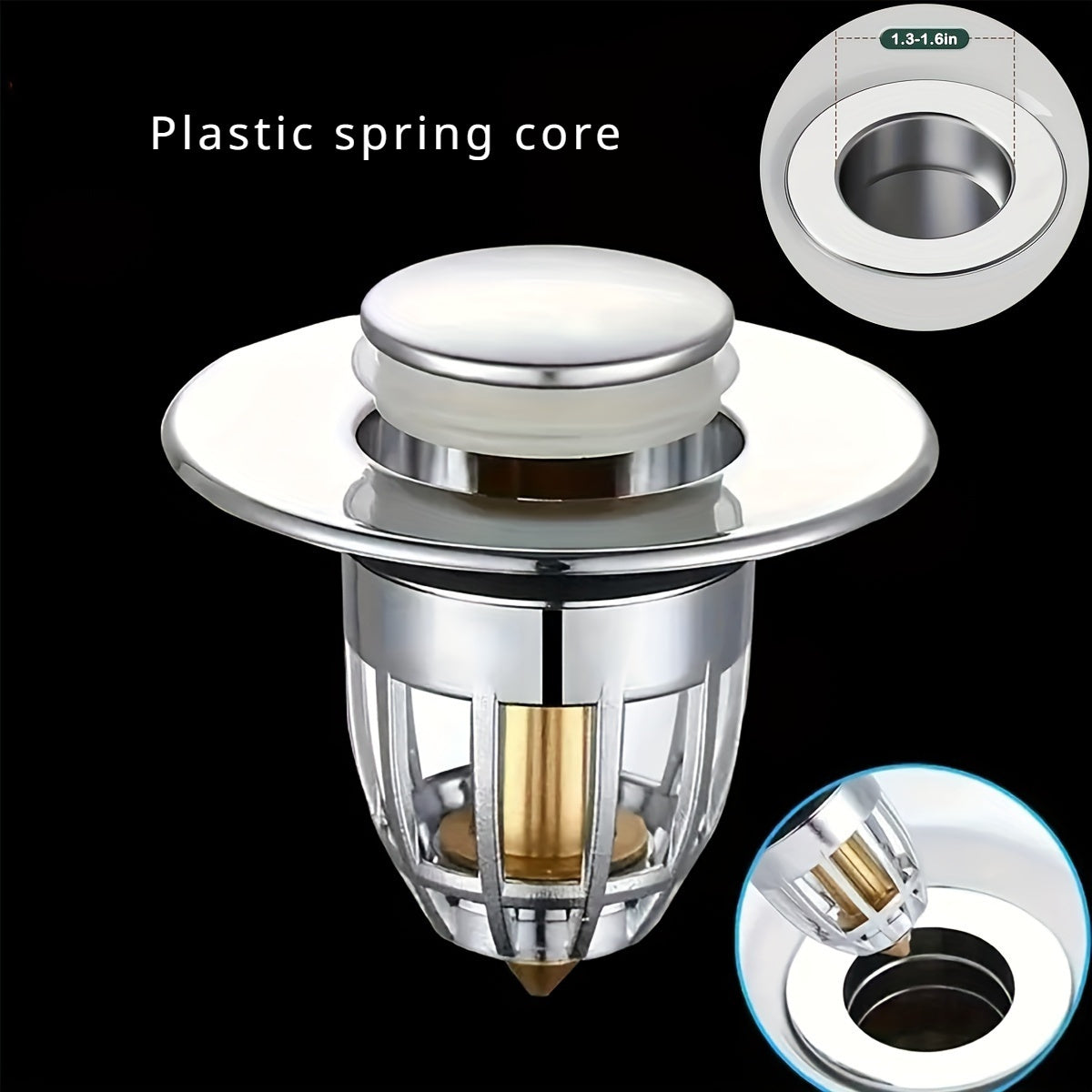 Pop-Up cho'kmasi, anti-hid xususiyati, soch tutgich va yuvish idishi va hammom uchun mustahkam plastik yadro bilan.