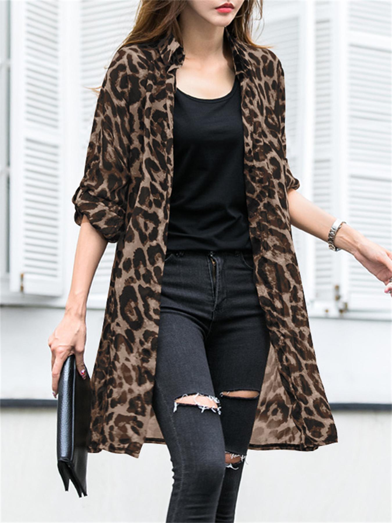 Ayollar uchun katta o'lchamli leopard bosma uzun qoʻl kimono kardigan