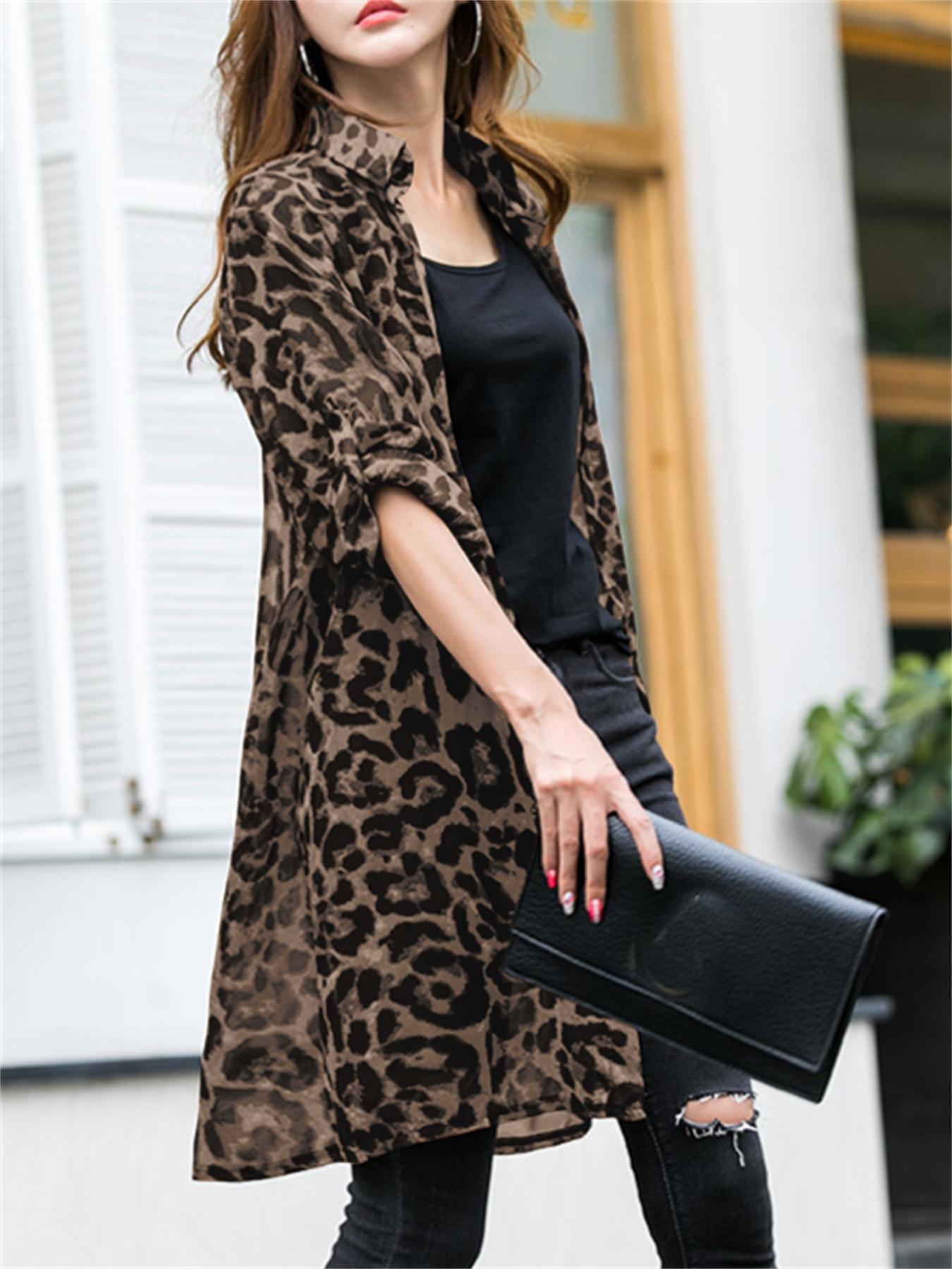 Ayollar uchun katta o'lchamli leopard bosma uzun qoʻl kimono kardigan