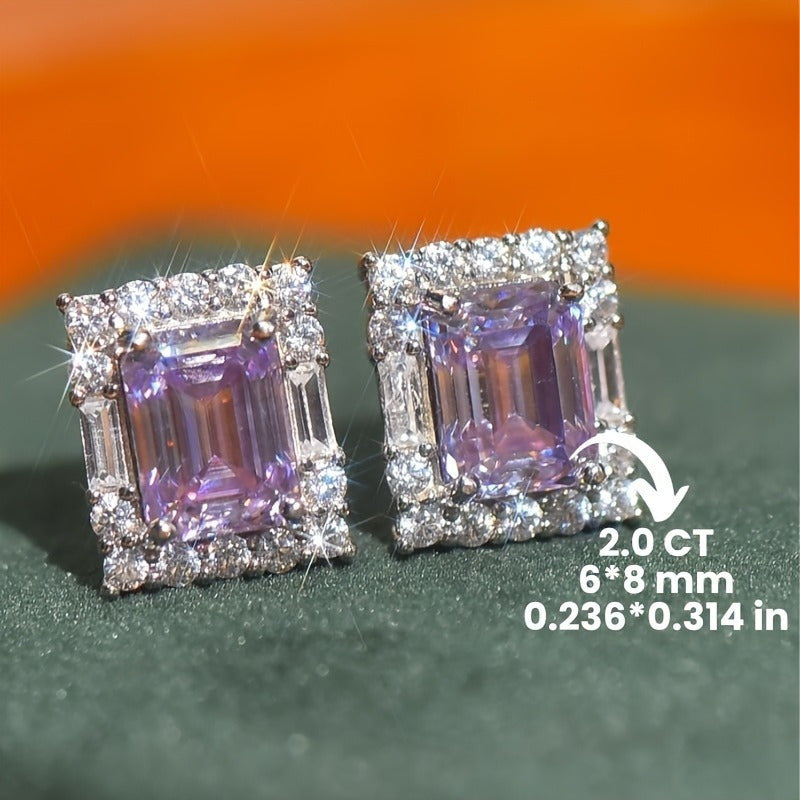 Purple Moissanite Square Earrings 2 Carat 3.5g Sterling Silver Emerald Cut Jewelry