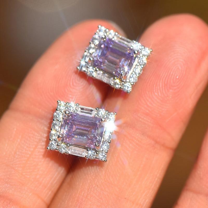 Purple Moissanite Square Earrings 2 Carat 3.5g Sterling Silver Emerald Cut Jewelry