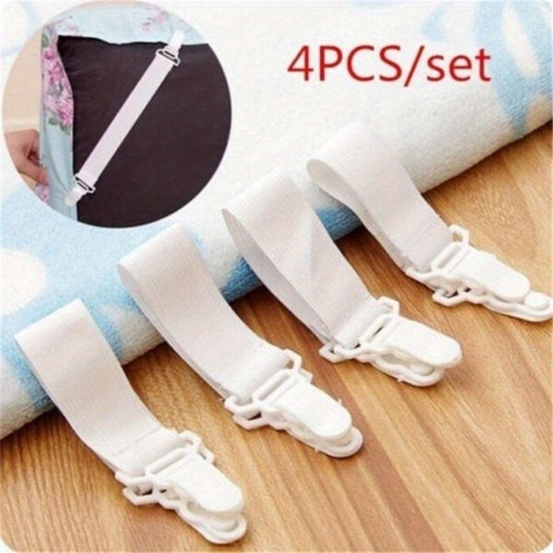 Set of 4 White Elastic Bed Sheet Grippers Clip-On Mattress Fasteners Nylon Straps