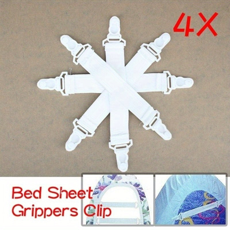 Set of 4 White Elastic Bed Sheet Grippers Clip-On Mattress Fasteners Nylon Straps
