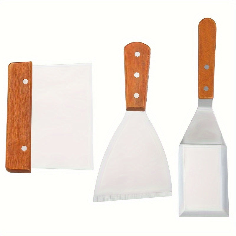 Stainless Steel Spatula Set with Wooden Handles for Cooking and Grilling