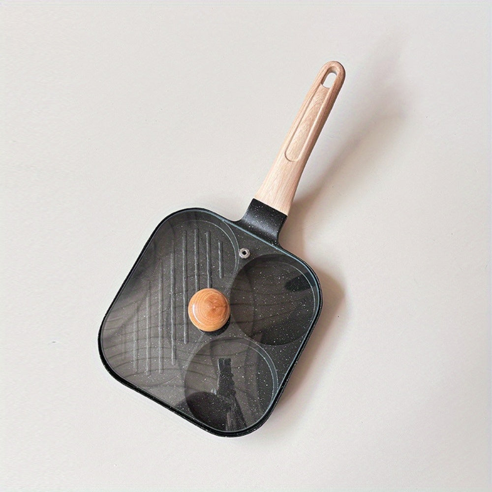 Sartén de aluminio con tapa, plancha antiadherente de 3 secciones para huevos y filetes