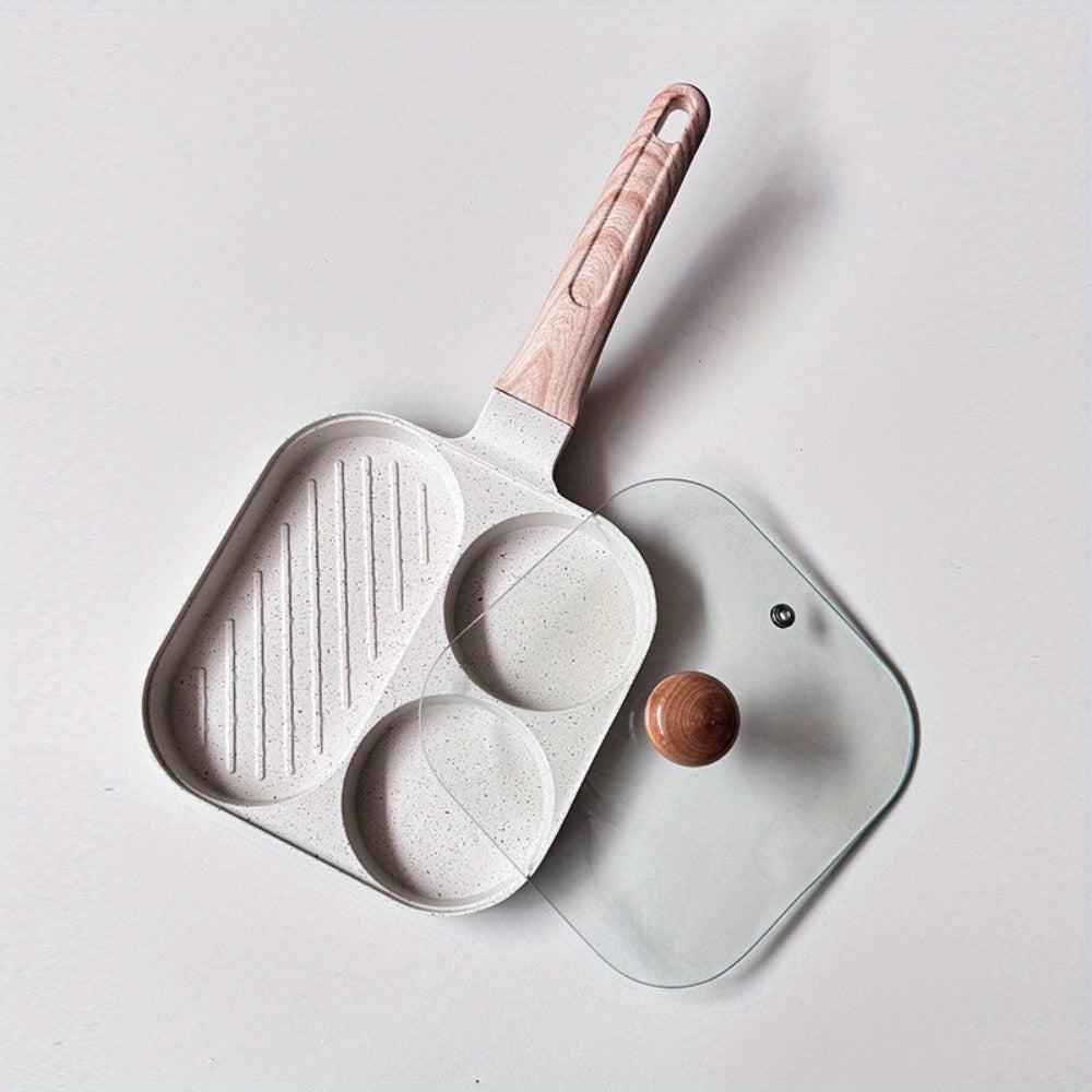 Sartén de aluminio con tapa, plancha antiadherente de 3 secciones para huevos y filetes