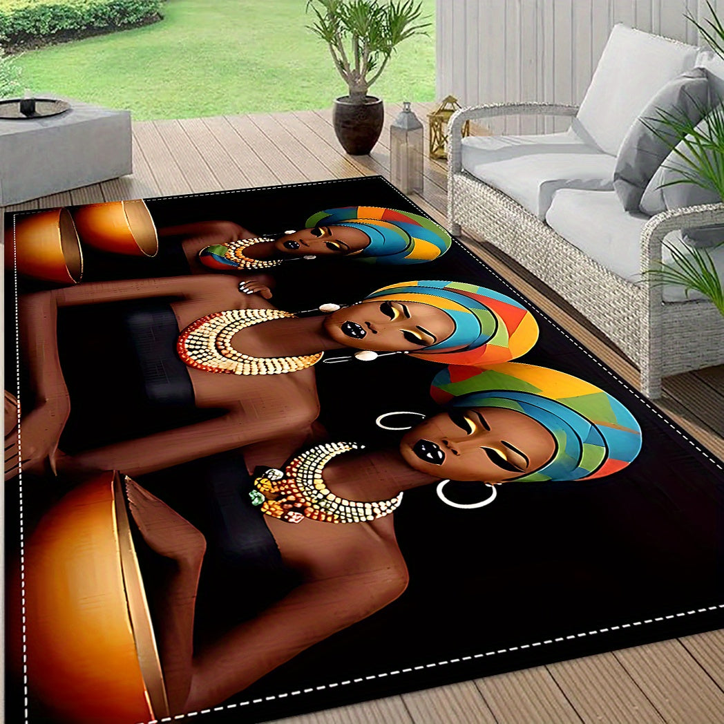 Afrika ilhomlangan ayol dizayni bilan turli joylarda foydalanish uchun mo'ljallangan, sirpanmaydigan va yuvilishi mumkin bo'lgan kutib olish matosi, bir nechta o'lchamlarda mavjud.