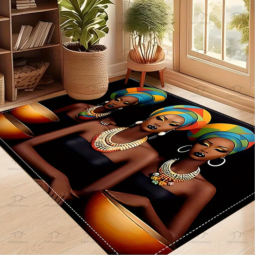 Non-Slip Washable Welcome Mat with African Woman Design for Home Entryways and Rooms