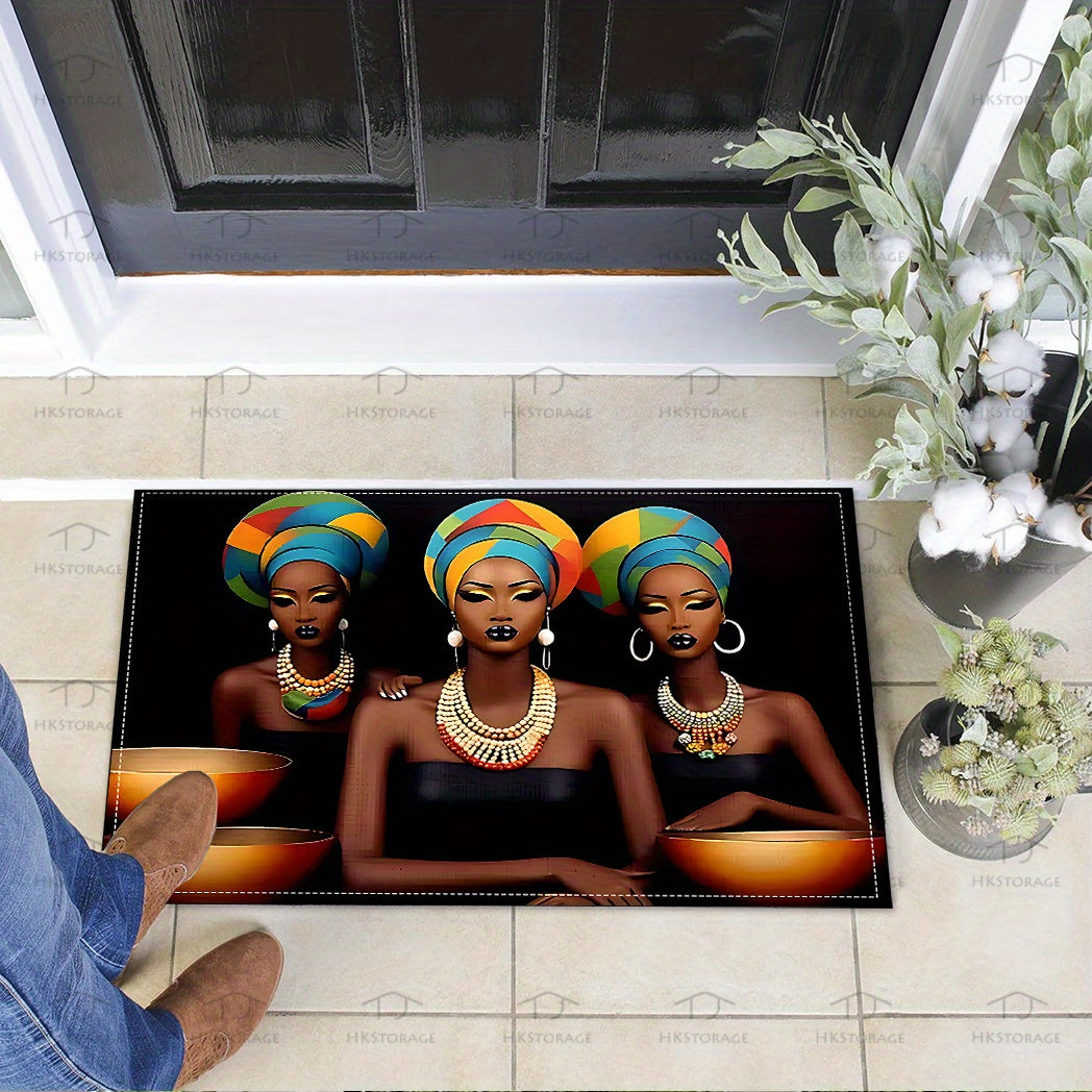 Afrika ilhomlangan ayol dizayni bilan turli joylarda foydalanish uchun mo'ljallangan, sirpanmaydigan va yuvilishi mumkin bo'lgan kutib olish matosi, bir nechta o'lchamlarda mavjud.