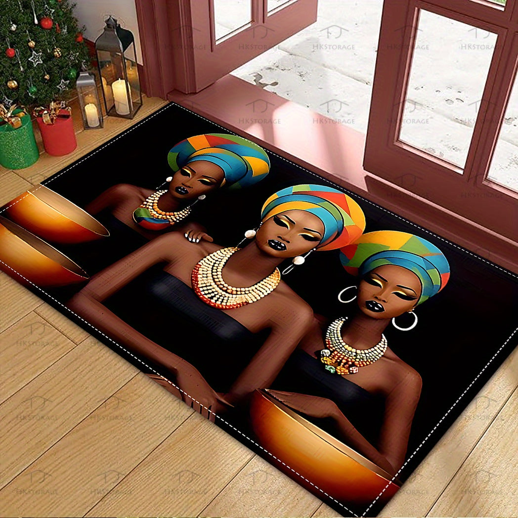Non-Slip Washable Welcome Mat with African Woman Design for Home Entryways and Rooms