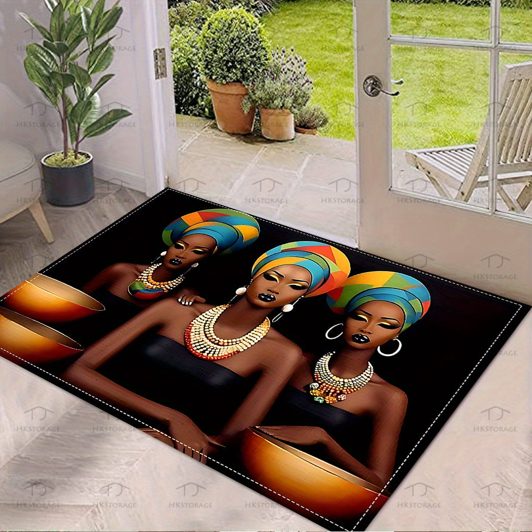 Afrika ilhomlangan ayol dizayni bilan turli joylarda foydalanish uchun mo'ljallangan, sirpanmaydigan va yuvilishi mumkin bo'lgan kutib olish matosi, bir nechta o'lchamlarda mavjud.