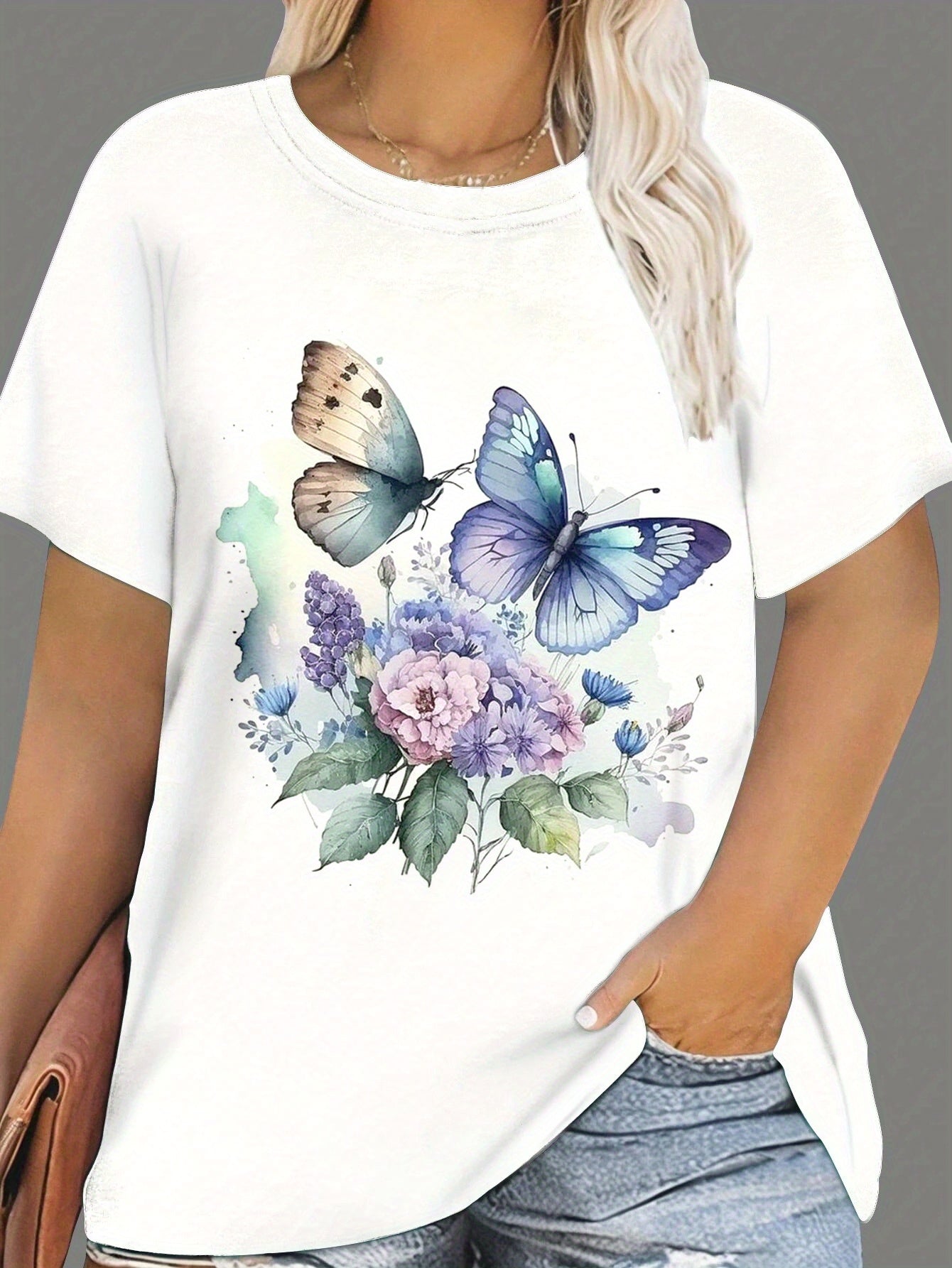 Plus Size Women's Butterfly Print Polyester Crew Neck T-Shirt All-Season