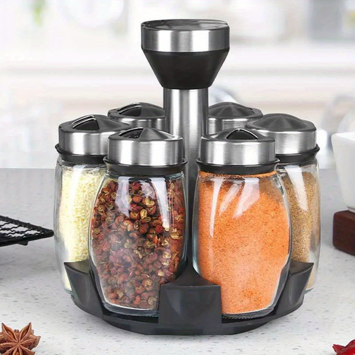 7-Piece Glass Spice Set with Rotating Rack Salt and Pepper Shakers Kitchen Storage