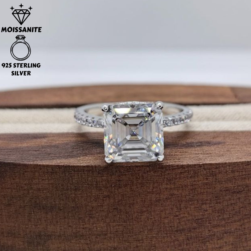 Women's Silver Ring with 3.5 Carat Asscher Cut Moissanite Square Design for Engagements