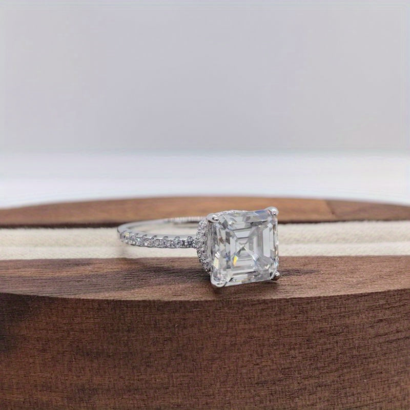 Women's Silver Ring with 3.5 Carat Asscher Cut Moissanite Square Design for Engagements