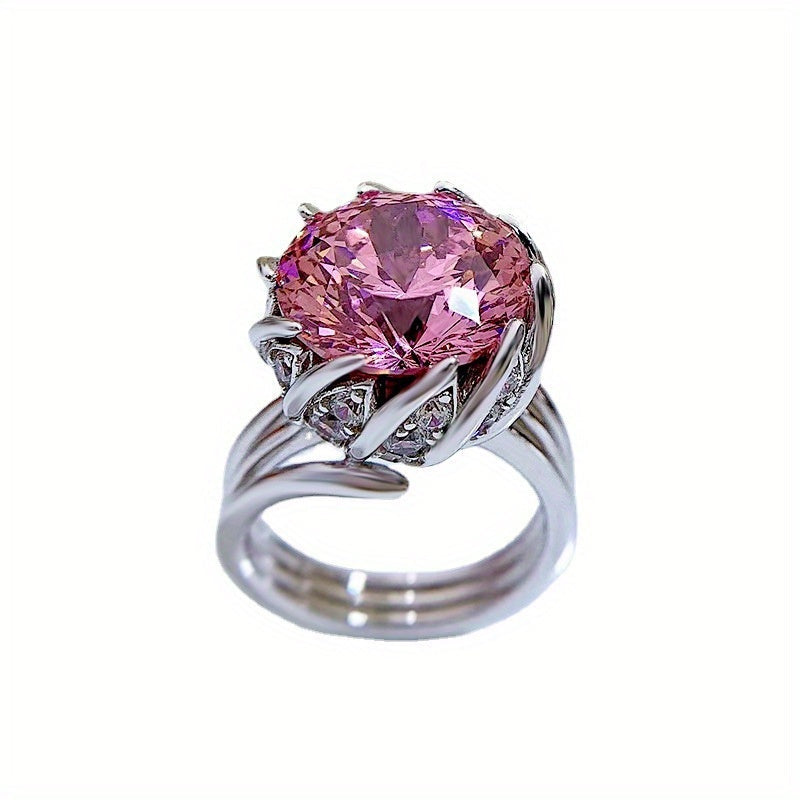 Sterling Silver Lotus Flower Ring with Pink Synthetic Gemstone 7.5 Carats Gift Box
