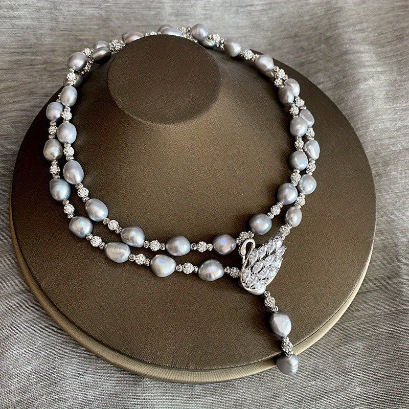 Freshwater Pearl Y-Necklace with Swan Clasp Silver Gray for Fall Winter Gift