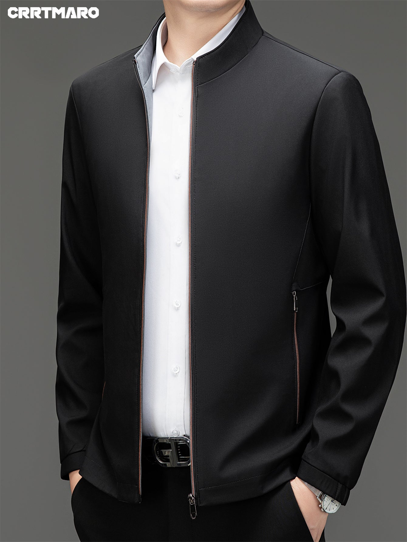 Erkaklar uchun bo'sh, mustahkam jakkardagi fermuarlik cho'ntaklar, rasmiy turli xil yelka, fermuarlik uzun yengli tashqi kiyim.