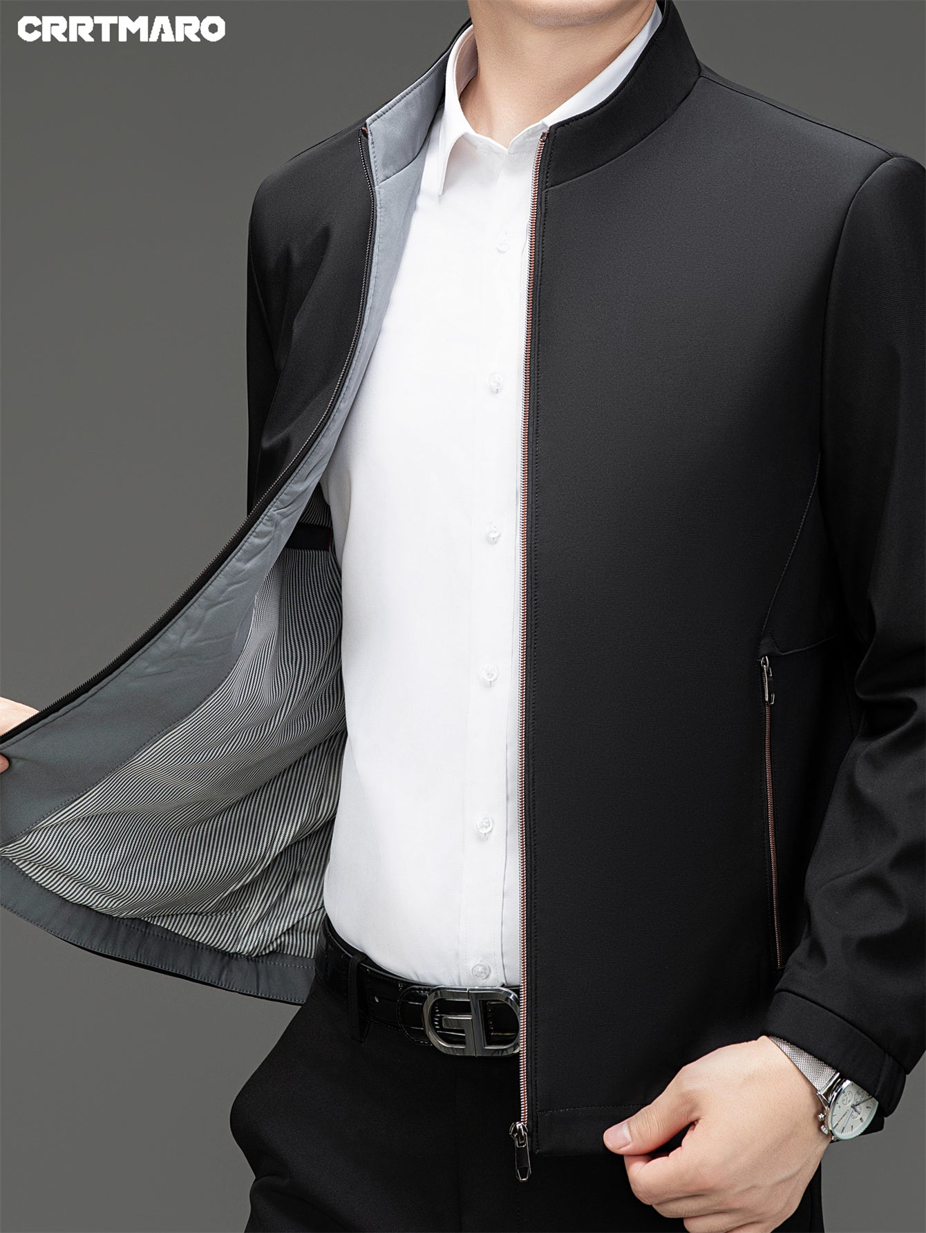 Erkaklar uchun bo'sh, mustahkam jakkardagi fermuarlik cho'ntaklar, rasmiy turli xil yelka, fermuarlik uzun yengli tashqi kiyim.