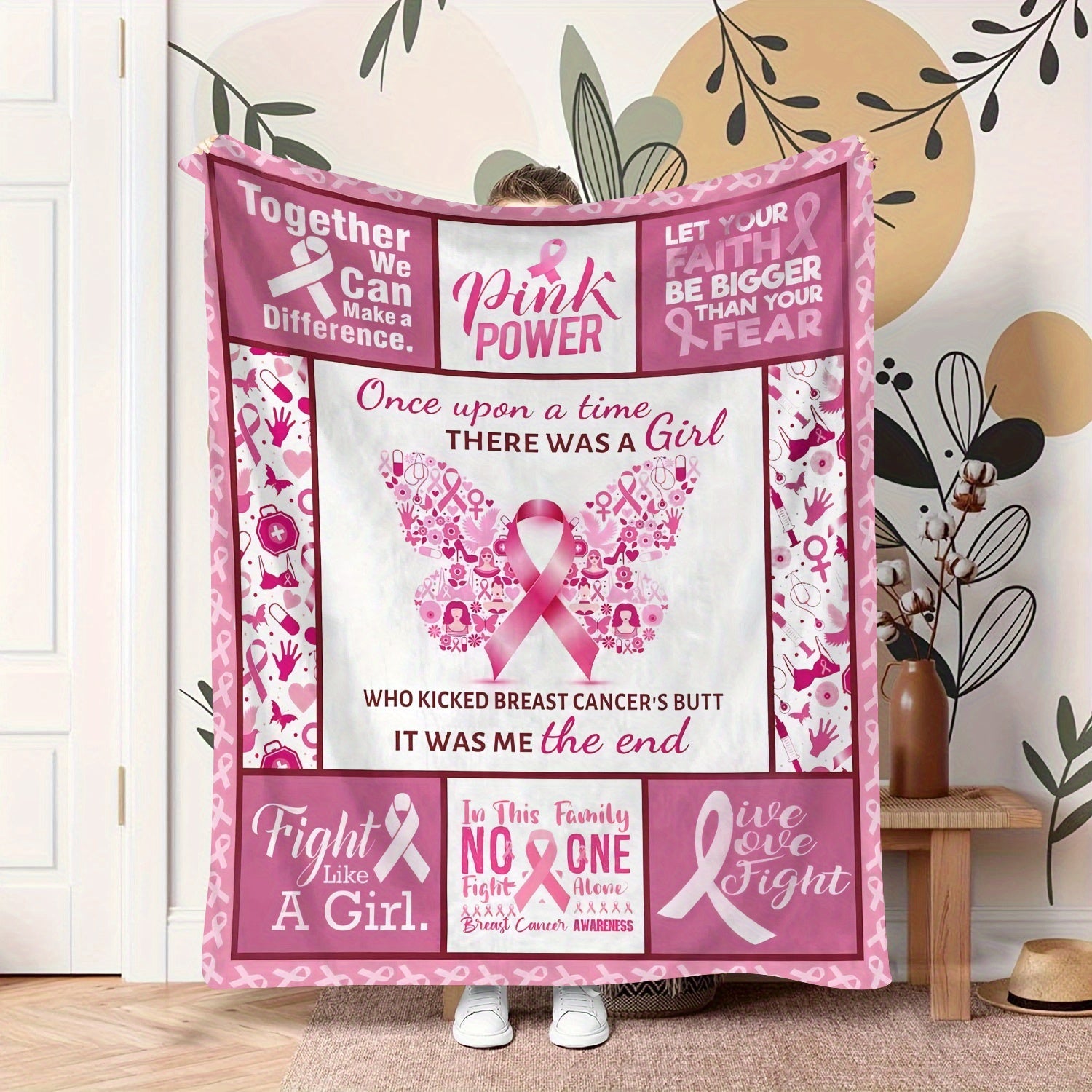 Manta de felpa de franela para concienciación sobre el cáncer de mama con citas inspiradoras para mujeres