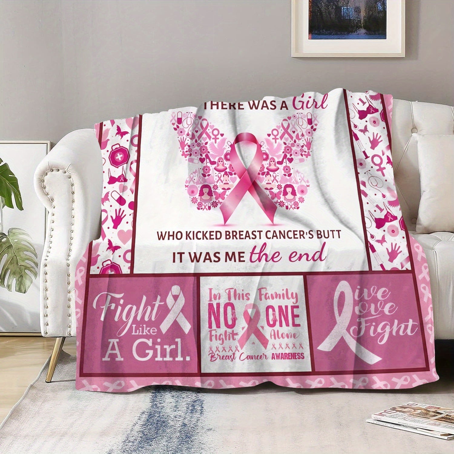 Manta de felpa de franela para concienciación sobre el cáncer de mama con citas inspiradoras para mujeres