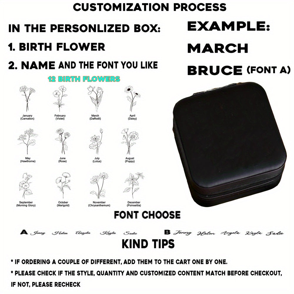 Yuqori sifatli sun'iy charm bilan sayohat uchun zargarlik qutisi, shaxsiy nom va tug'ilgan oy gul dizayni bilan, zippers bilan yopiladi, kuyovlar va onalar uchun sovg'a