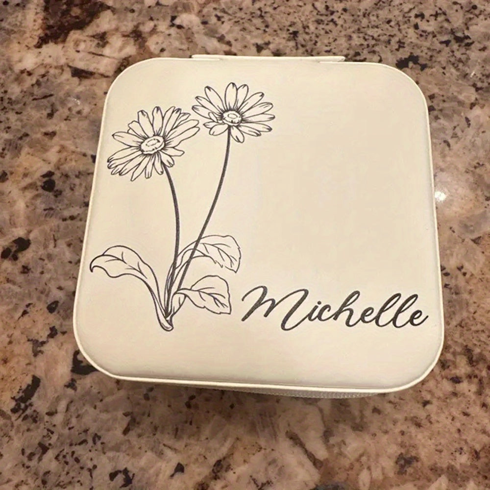 Yuqori sifatli sun'iy charm bilan sayohat uchun zargarlik qutisi, shaxsiy nom va tug'ilgan oy gul dizayni bilan, zippers bilan yopiladi, kuyovlar va onalar uchun sovg'a