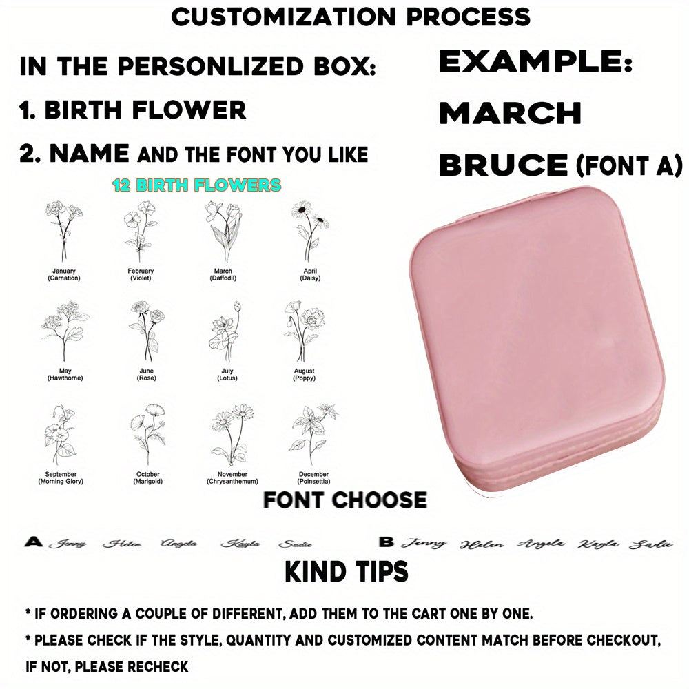 Yuqori sifatli sun'iy charm bilan sayohat uchun zargarlik qutisi, shaxsiy nom va tug'ilgan oy gul dizayni bilan, zippers bilan yopiladi, kuyovlar va onalar uchun sovg'a