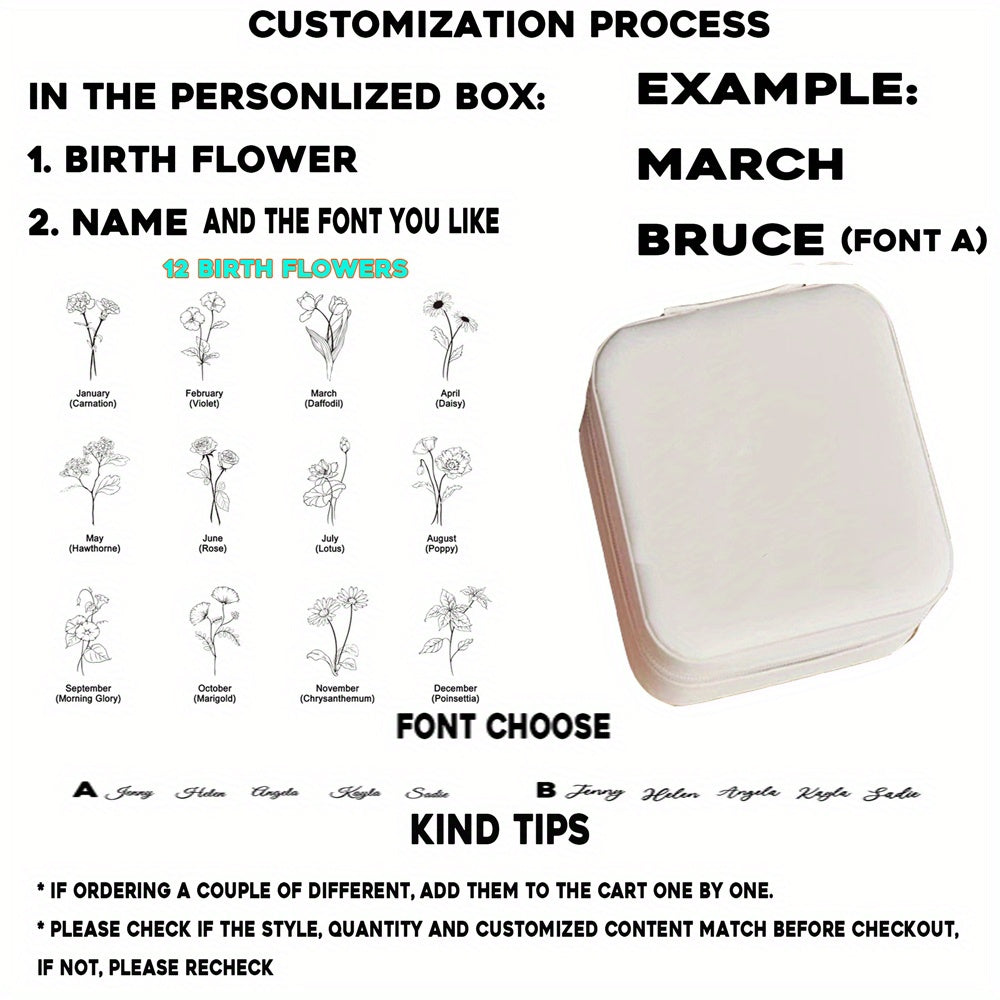 Yuqori sifatli sun'iy charm bilan sayohat uchun zargarlik qutisi, shaxsiy nom va tug'ilgan oy gul dizayni bilan, zippers bilan yopiladi, kuyovlar va onalar uchun sovg'a