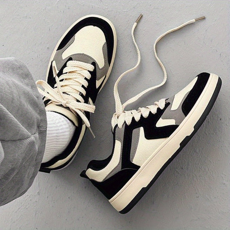Men's Low-Top Canvas Skate Sneakers Rubber Sole Breathable Lining Black White Beige