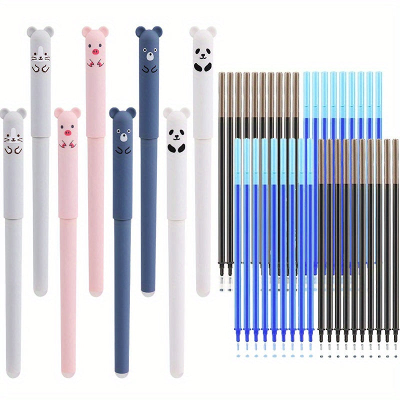 48-Piece Animal Themed Erasable Gel Pen Set with Blue and Black Ink, 0.5mm Tips