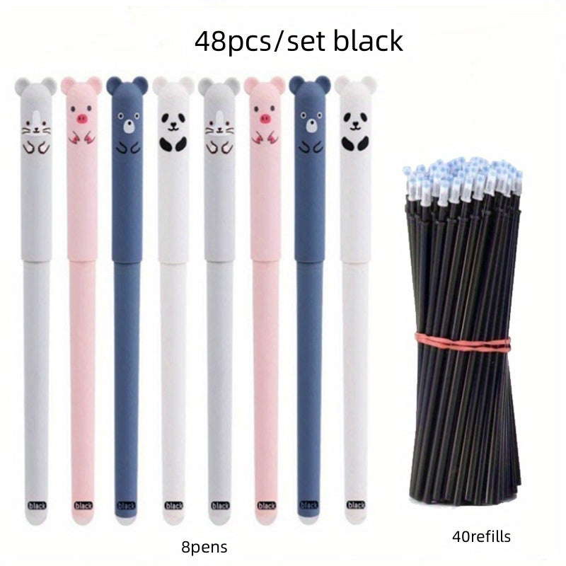 48-Piece Animal Themed Erasable Gel Pen Set with Blue and Black Ink, 0.5mm Tips