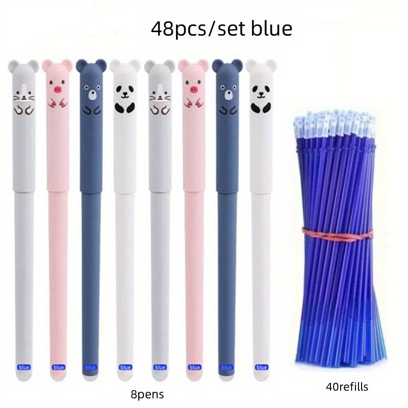 48-Piece Animal Themed Erasable Gel Pen Set with Blue and Black Ink, 0.5mm Tips