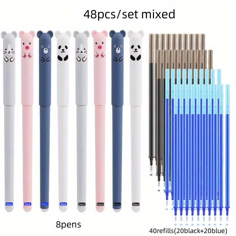48-Piece Animal Themed Erasable Gel Pen Set with Blue and Black Ink, 0.5mm Tips