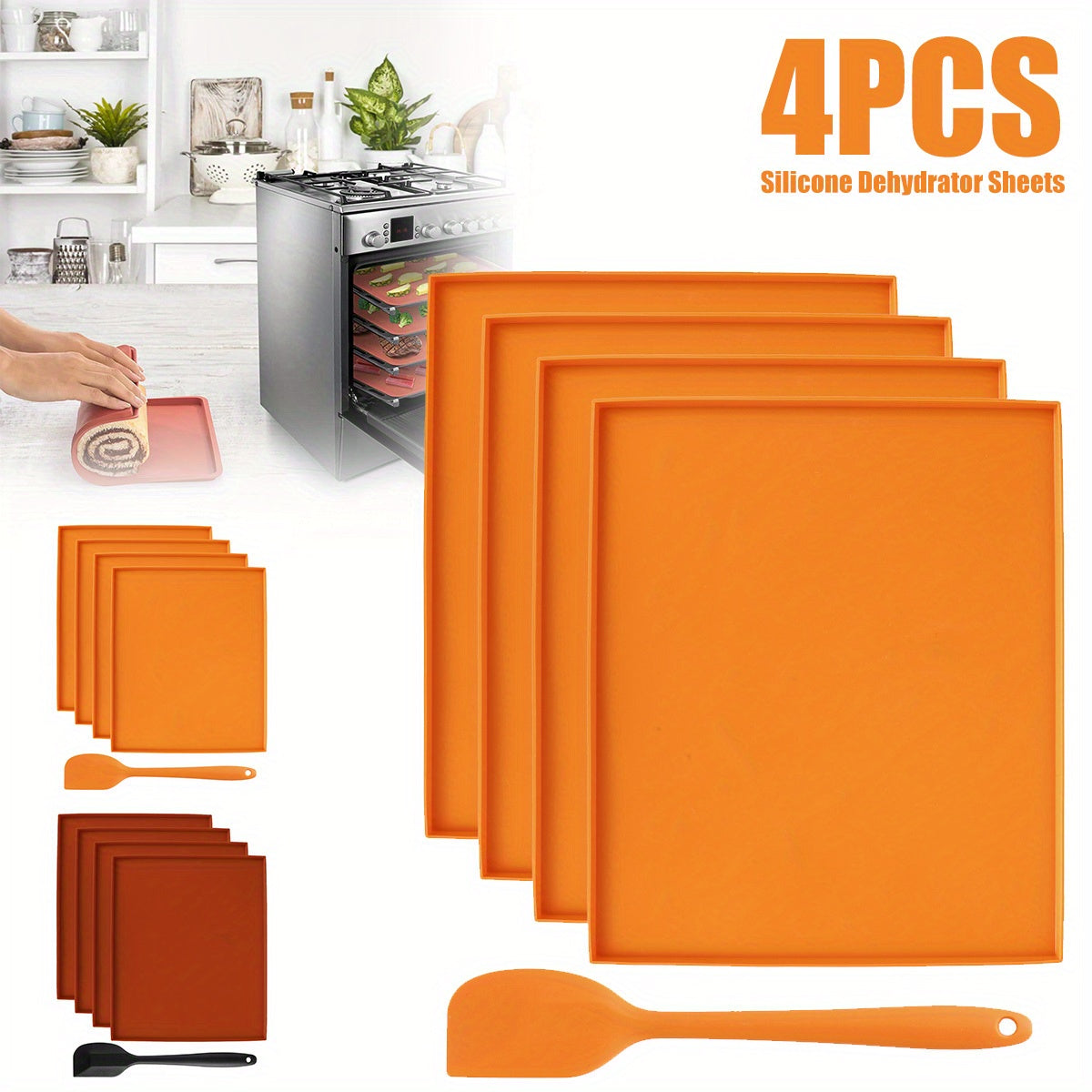 Set of 4 Silicone Dehydrator Mats with Non-Stick Edges for Fruit Leather Vegetables Herbs