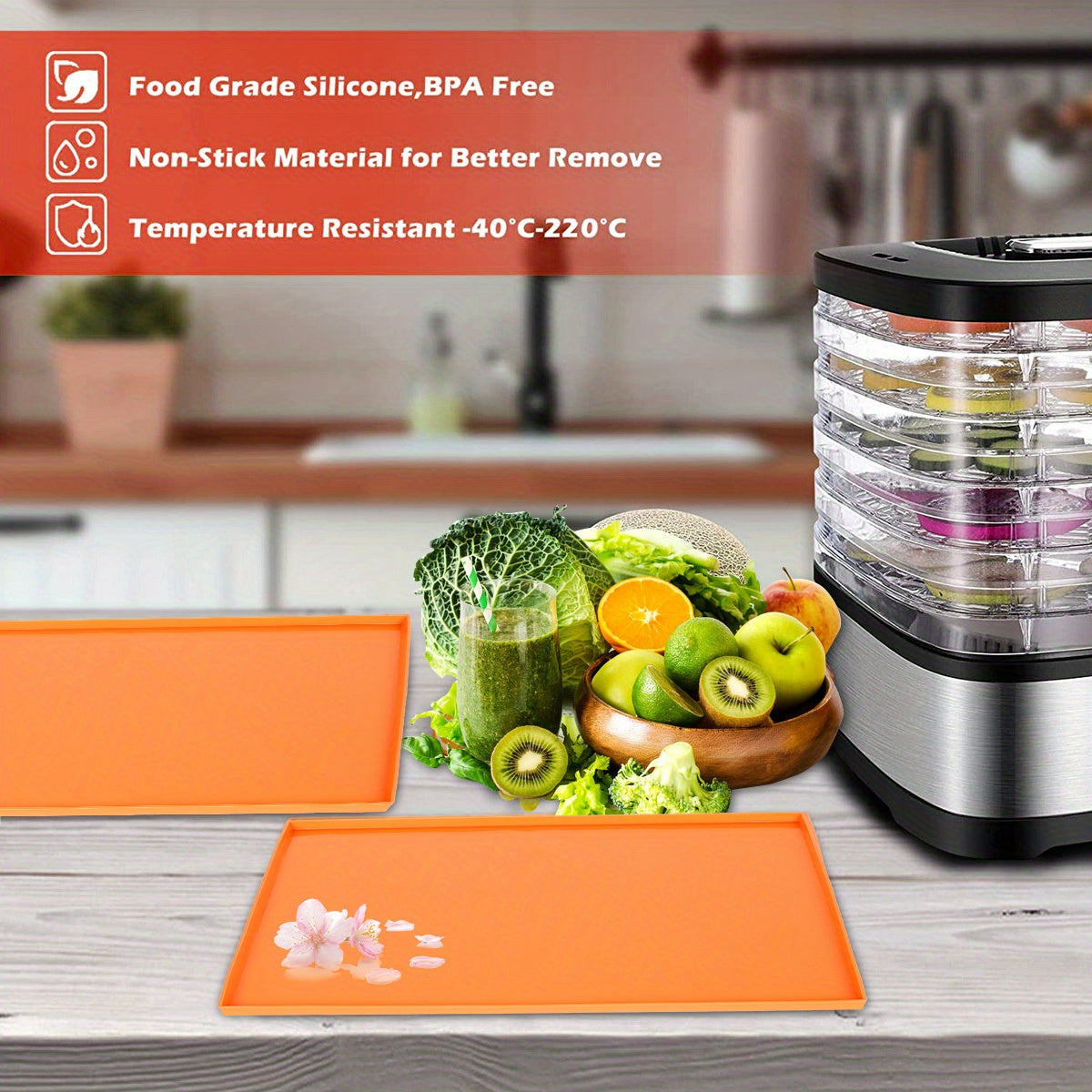 Set of 4 Silicone Dehydrator Mats with Non-Stick Edges for Fruit Leather Vegetables Herbs