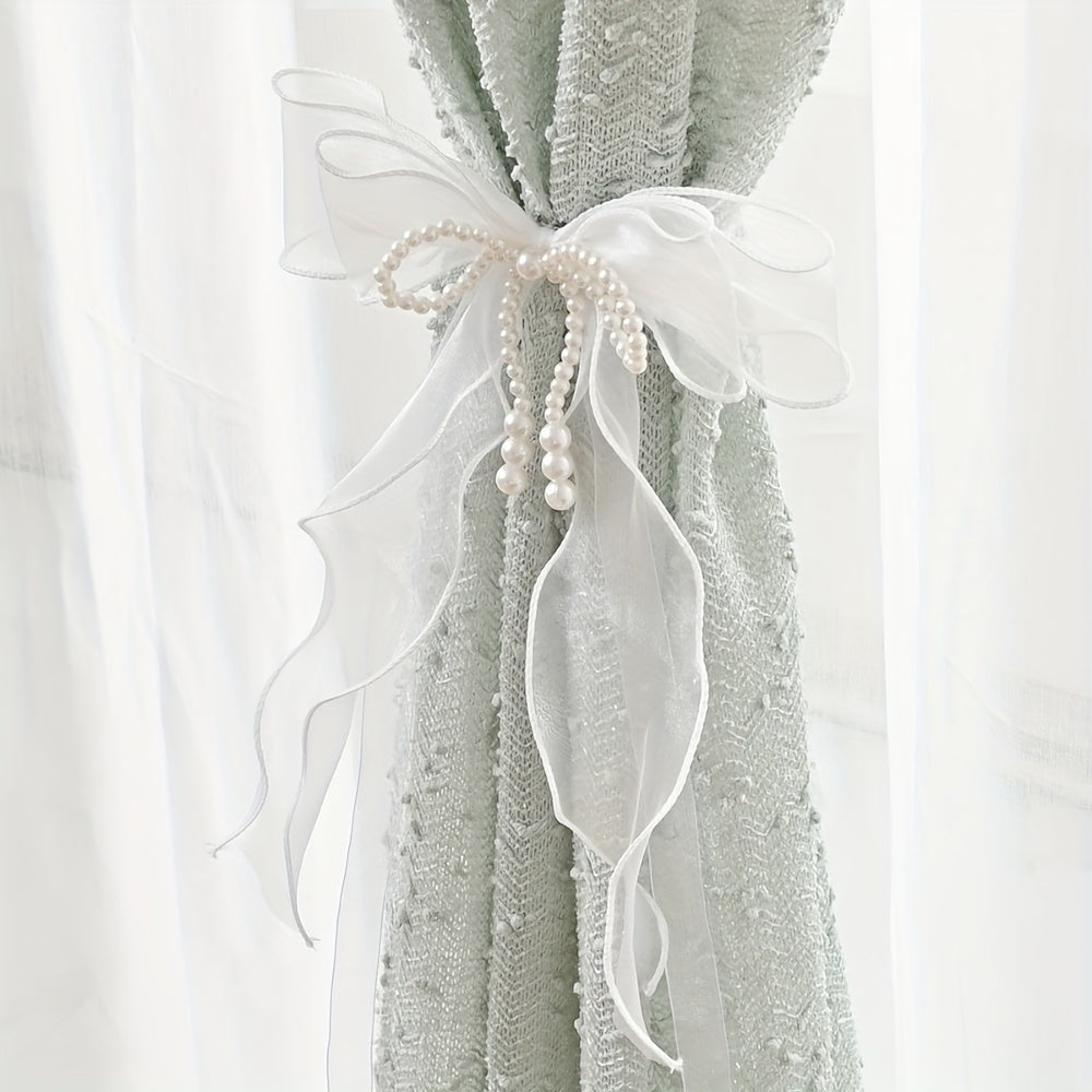 Modern Sheer Bow Curtain Tieback with Pearl Embellishments for Window Drapery